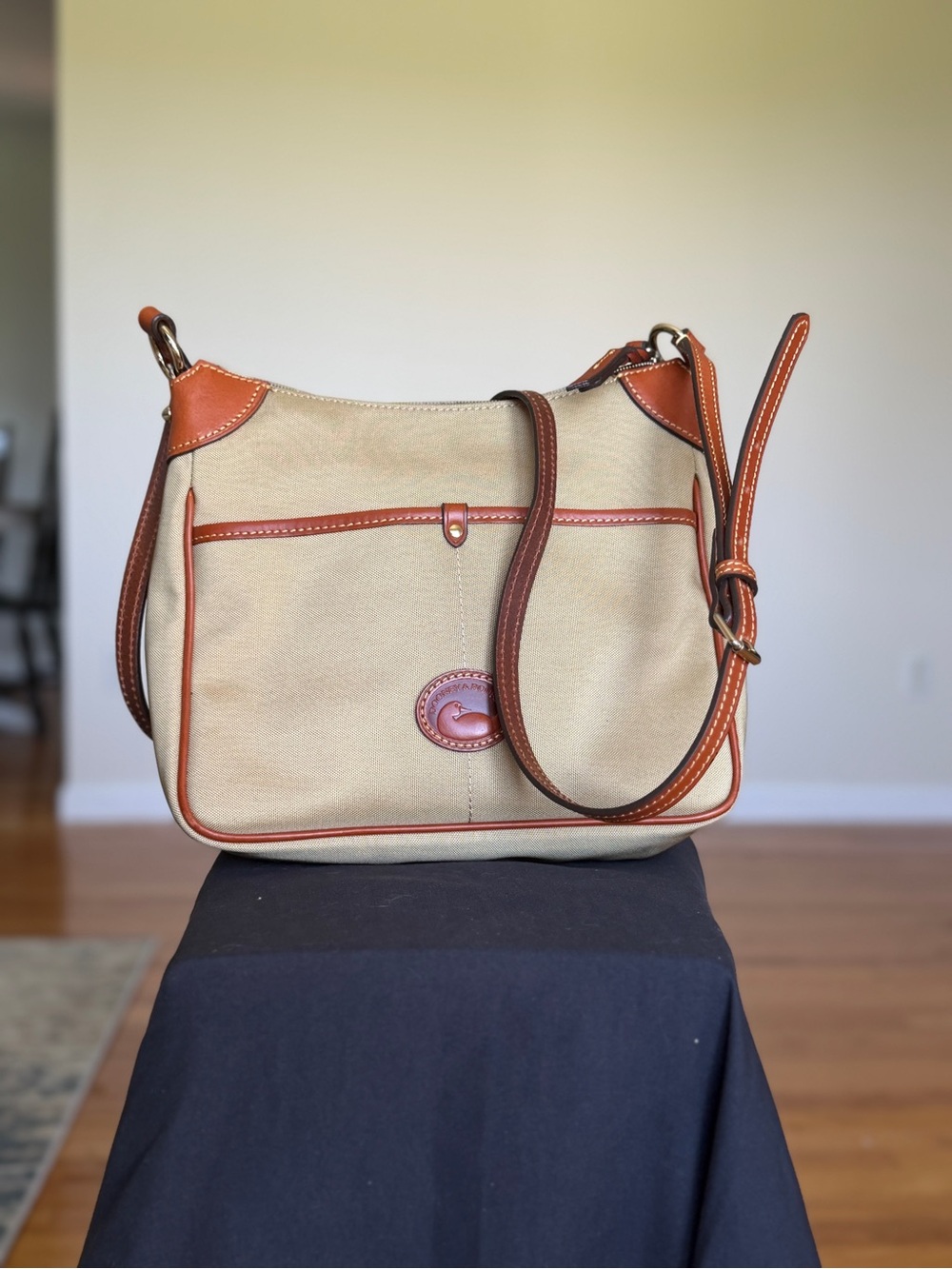 Dooney & Bourke Beige Canvas Shoulder Bag with Brown Trim